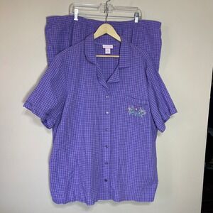 Serenada Womens 3X 26/28 Purple Gingham Seersucker Cotton Capri Shirt Set PJ's